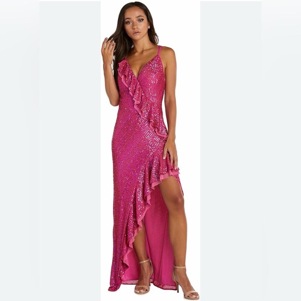Morgan & Co Juniors Hi Low Full Sequin Cross back Dress - Pink - 7 - NWT